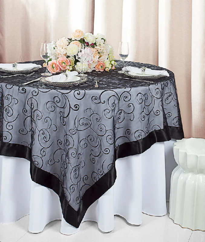 85"x85" Seamless Square Embroidered Organza Tablecloth/Table Overlay - Black (1pc)