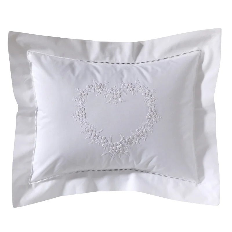 Boudoir Pillow Cover Embroidered with Hem Stitch Border in Heart White