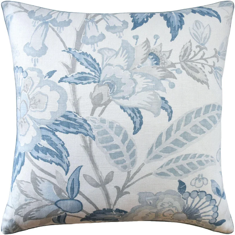 Light Blue Floral Linen Decorative Throw Pillow