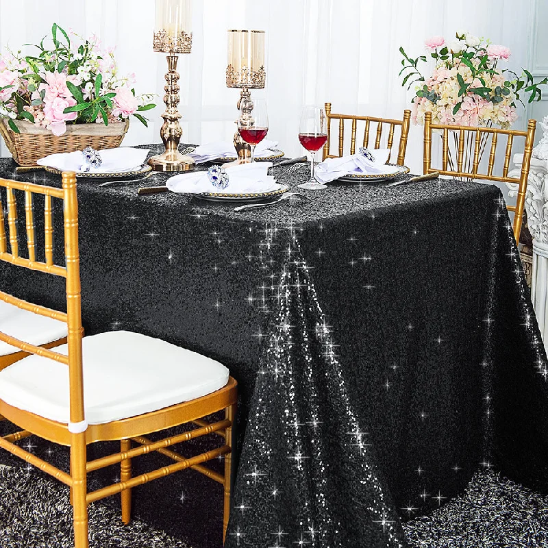 90"x156" Seamless Rectangular Sequin Taffeta Tablecloth - Black (1pc)