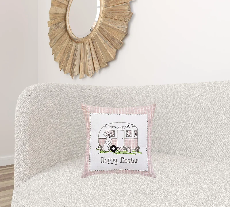 17" X 17" Light Pink Checkered Easter Bunny Camper Throw Pillow