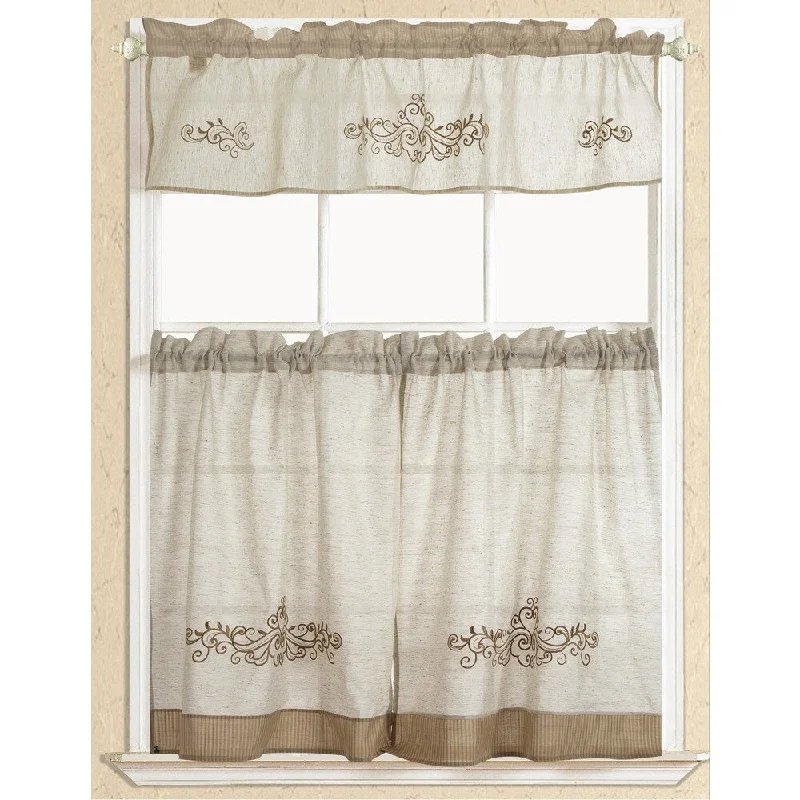 RT Designers Collection Rustic Embroidered Scroll Tier and Valance Kitchen Curtain Set