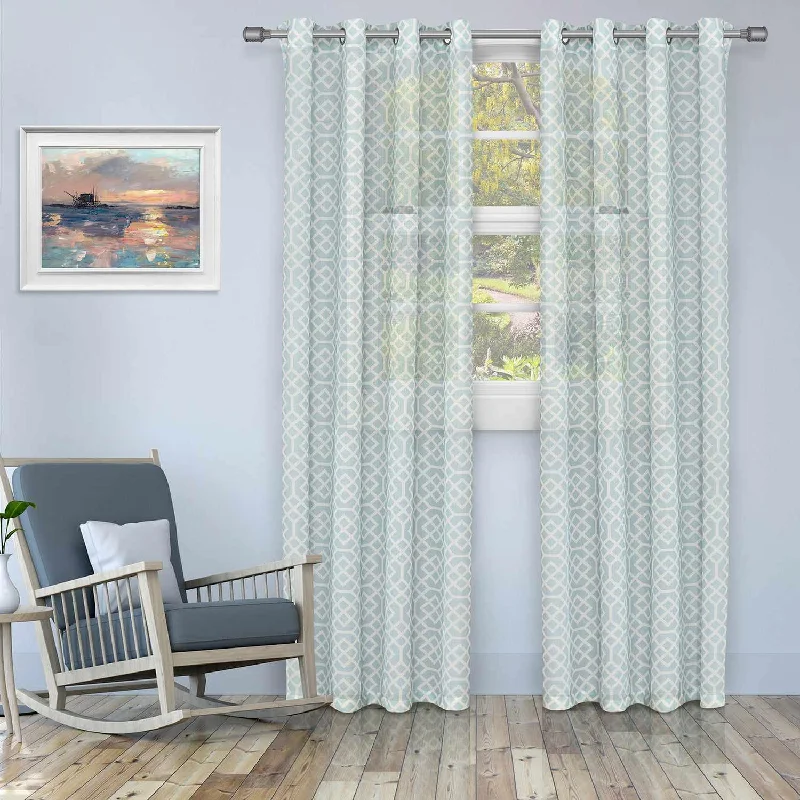 Printed Honey Comb Grommet Traditional Sheer Curtain Panel Set