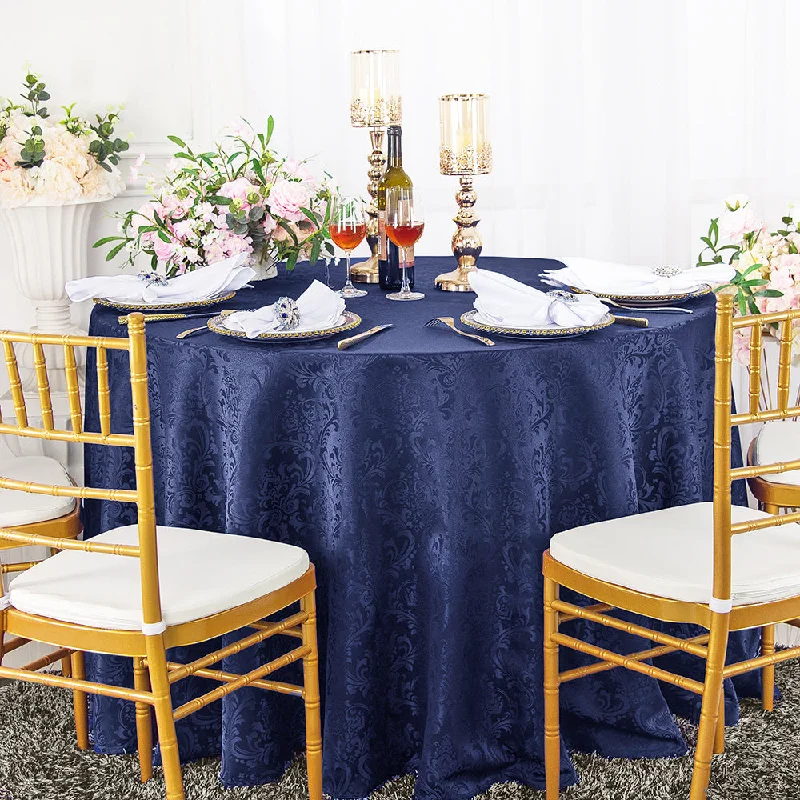 90" Seamless Round Floral Damask Jacquard Polyester (220 GSM) Tablecloth - Navy Blue (1pc)