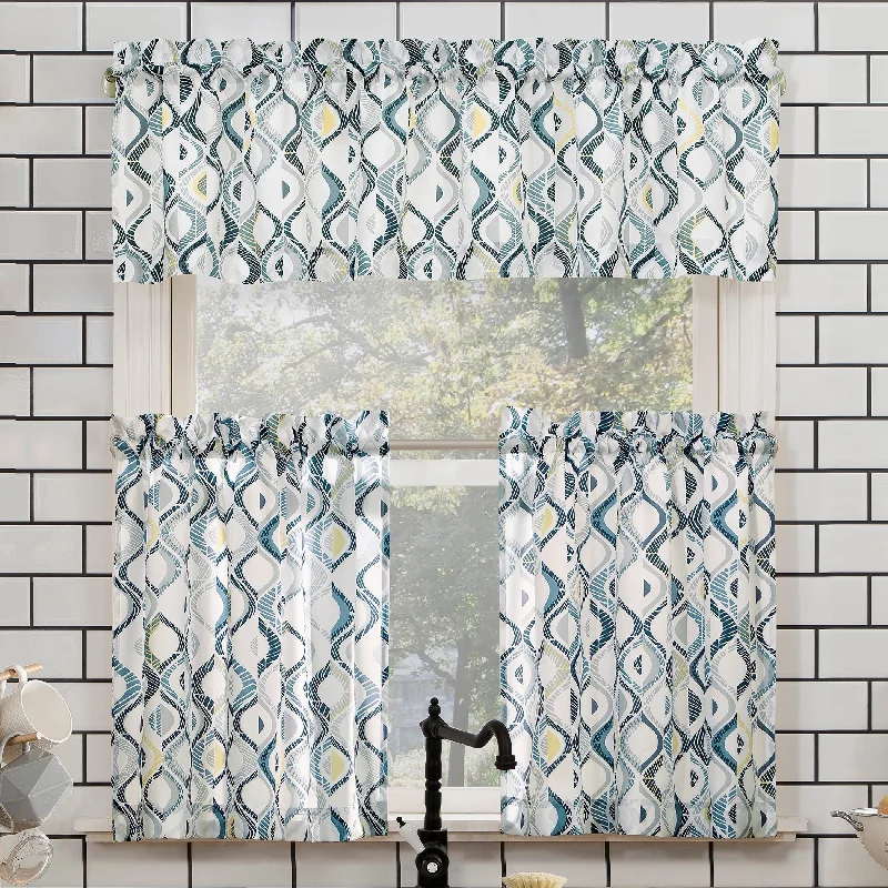 No. 918 Barker Geometric Semi-Sheer Rod Pocket Kitchen Curtain Valance and Tiers Set