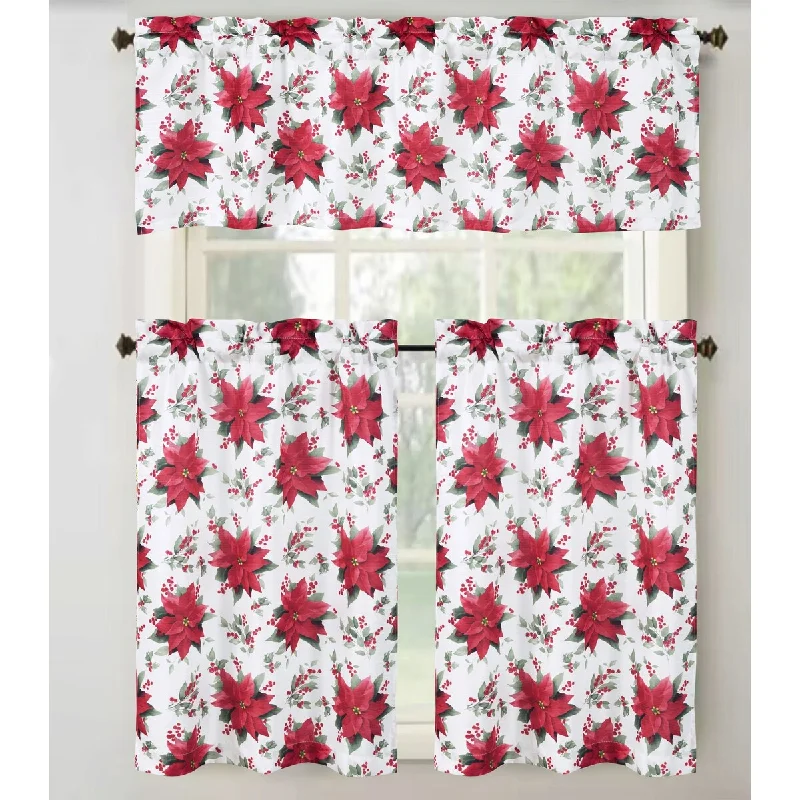 Christmas Holly Poinsettia Printed Kitchen Curtain