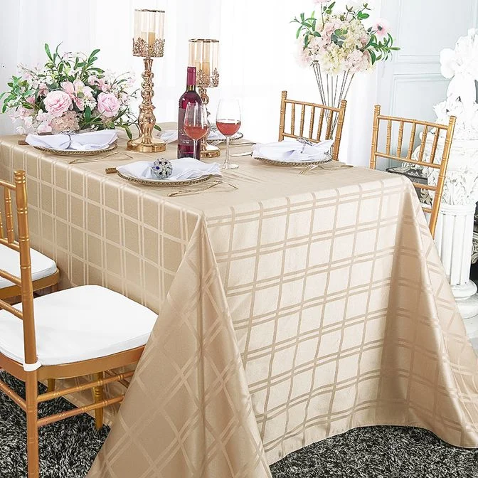 90"x156" Seamless Rectangular Plaid Jacquard Polyester (220 GSM) Tablecloth - Champagne (1pc)