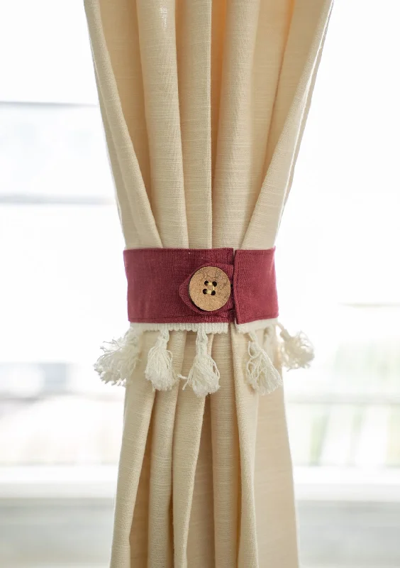 Wine red Solid 100% Cotton curtain tie back with coconut shell button and tassels - Pack of 2