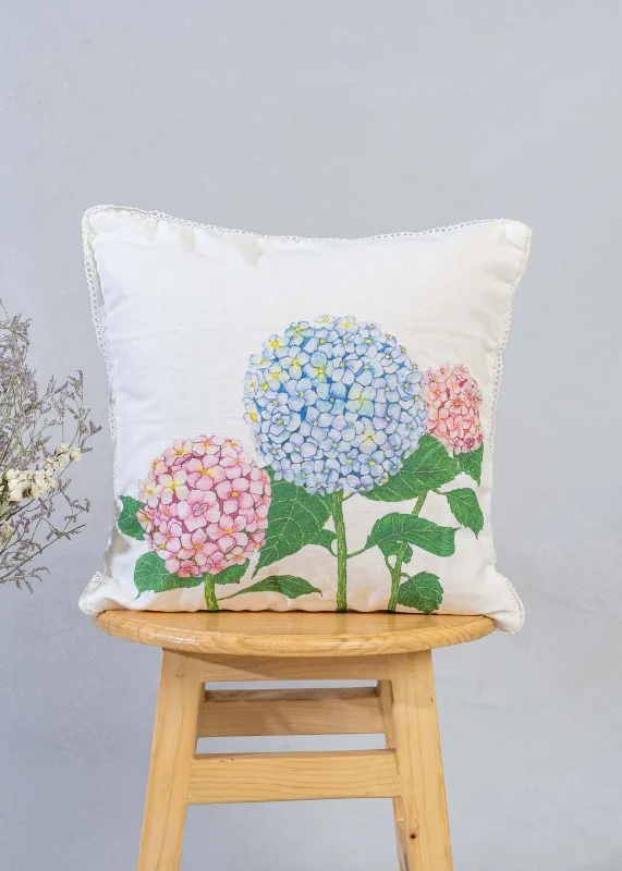 Bouquet of Hydrangea 100% cotton decorative floral cushion cover for sofa with lace - Blue