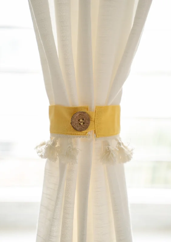 Mustard Solid 100% Cotton curtain tie back with Coconut shell button and tassels - Pack of 2