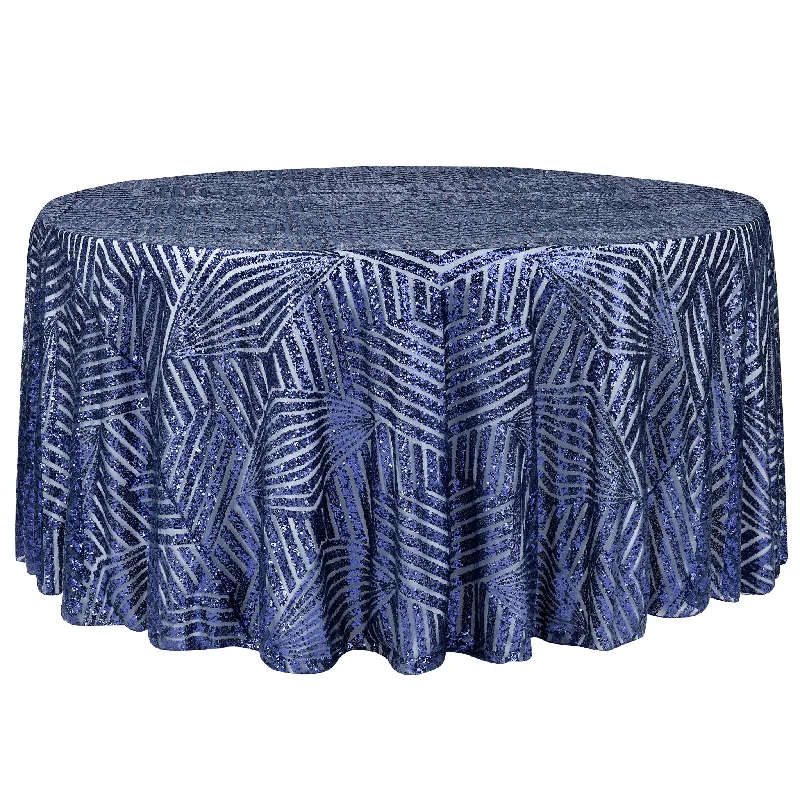 Geometric Glitz Art Deco Sequin Tablecloth 120" Round - Navy Blue