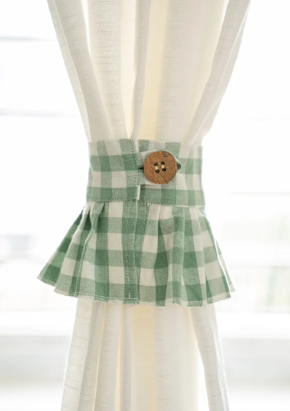 Sage green gingham 100% Cotton curtain pleated tie back with Coconut shell button - Pack of 2