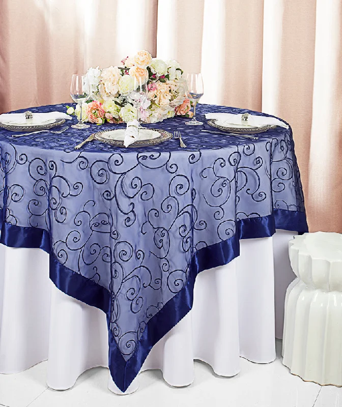 85"x85" Seamless Square Embroidered Organza Tablecloth/Table Overlay - Navy Blue (1pc)