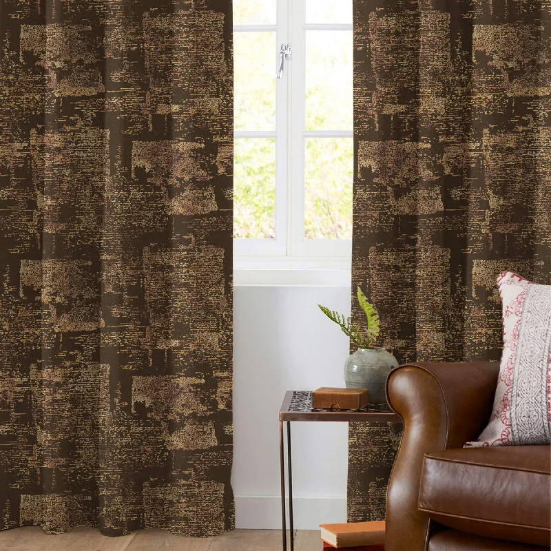 Umber Brown Abstract Pattern Golden Foil Premium Curtain Fabric (Width 54 Inches)