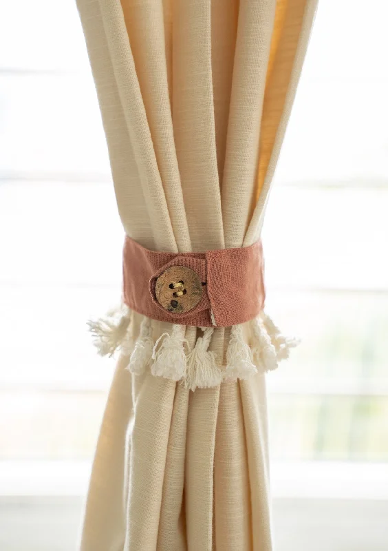 Rust Solid 100% Cotton curtain tie back with Coconut shell button and tassels - Pack of 2