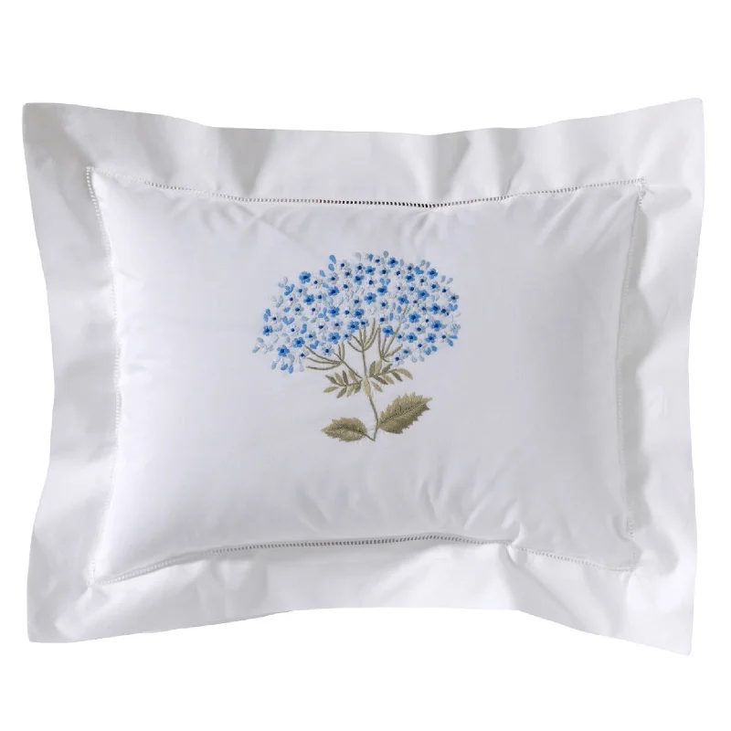 Boudoir Pillow Cover Embroidered with Hem Stitch Border in Hydrangea Blue/Sage