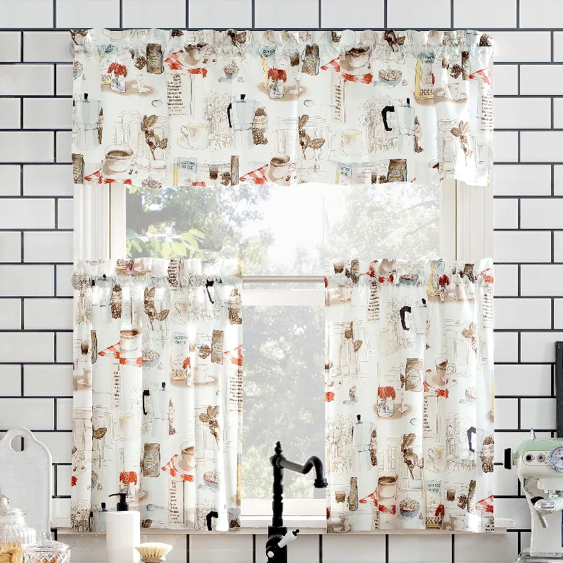 No. 918 Brew Coffee Shop Semi-Sheer Rod Pocket Kitchen Curtain Valance and Tiers Set