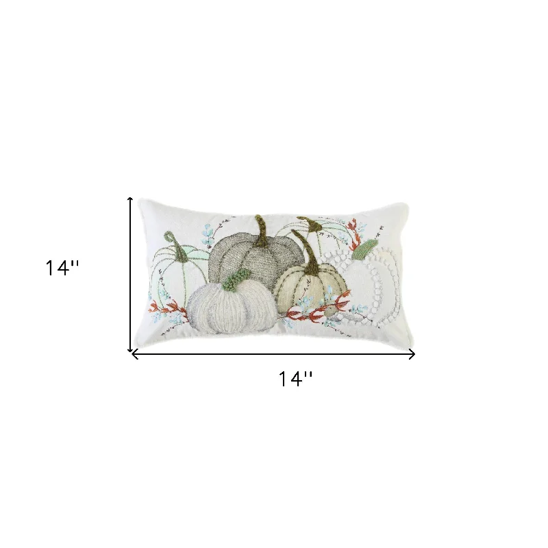 14" X 14" Green and White Thanksgiving Cotton Pillow With Embroidery Edges