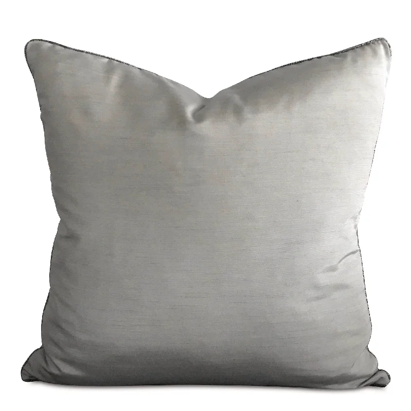 Silver Shantung Silk Metallic Bead Welt Trim Throw Pillow Cover 20x20