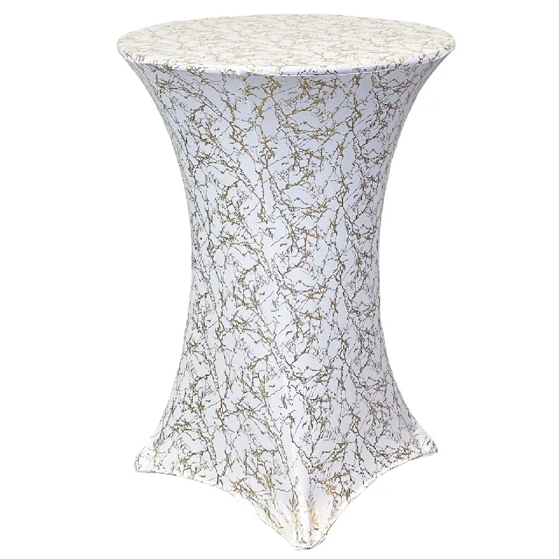 30 inch Highboy Cocktail Round Stretch Spandex Table Cover White With Gold Marbling