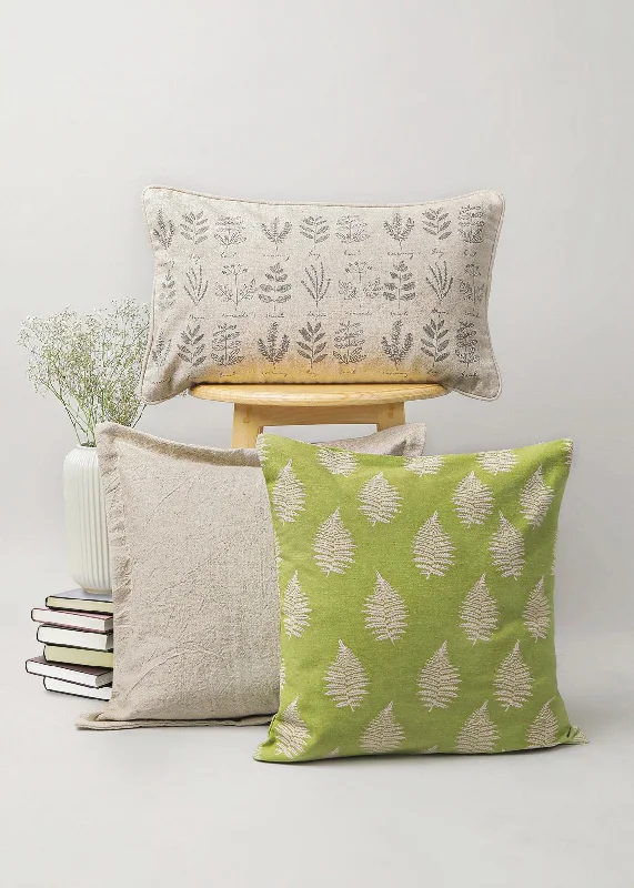 Vintage Herbs Linen 12" X 20", Ferns 16" , Linen Solid 16" Set Of 3 Combo Cotton Cushion Cover - Green And Beige