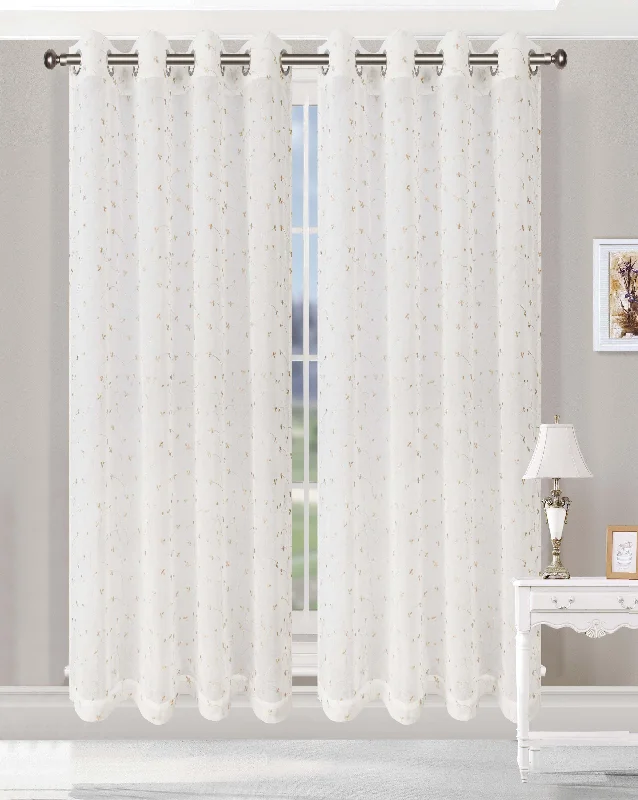 Embroidered Delicate Flower Sheer Grommet Curtain Panel Set