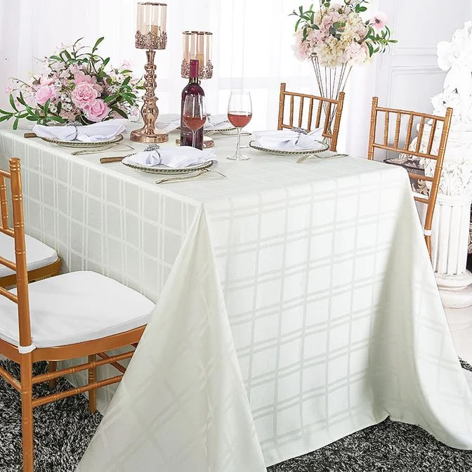 90"x132" Seamless Rectangular Plaid Jacquard Polyester (220 GSM) Tablecloth - Ivory (1pc)