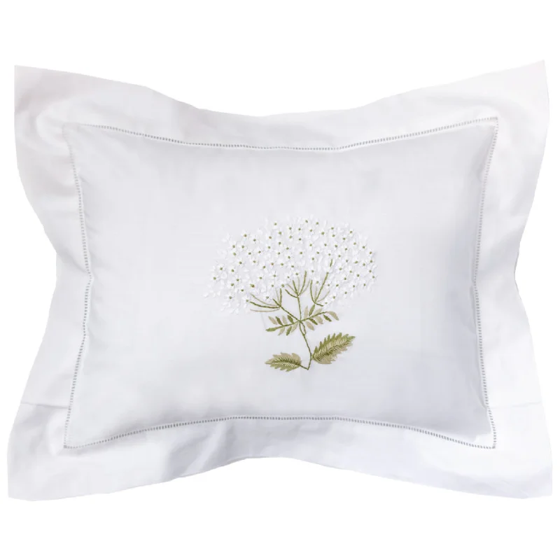 Boudoir Pillow Cover Embroidered with Hem Stitch Border in Hydrangea White