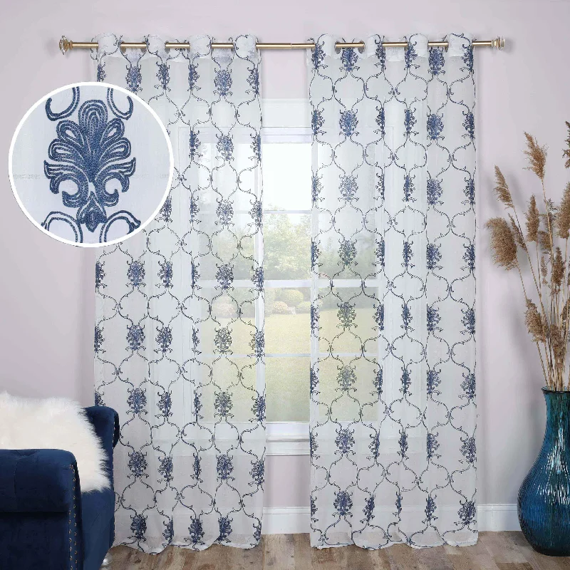 Embroidered Elegant Scroll Sheer Grommet Curtain Panel Set