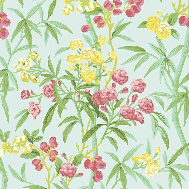 Lanai Wallcovering in Passionfruit Aqua, Pink, Green, & Yellow