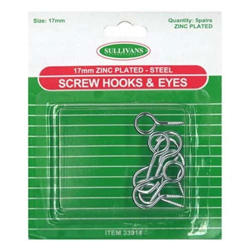 Sullivans Screw Hook & Eyes, 17mm Steel- 5 Pairs