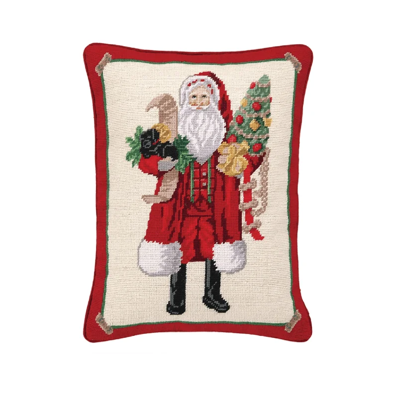 Santa and Black Puppy Needlepoint Throw Pillow