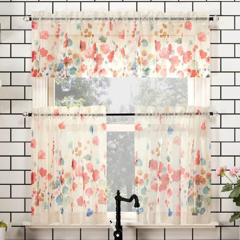 No. 918 Rosalind Floral Watercolor Semi-Sheer Rod Pocket Kitchen Curtain Valance and Tiers Set