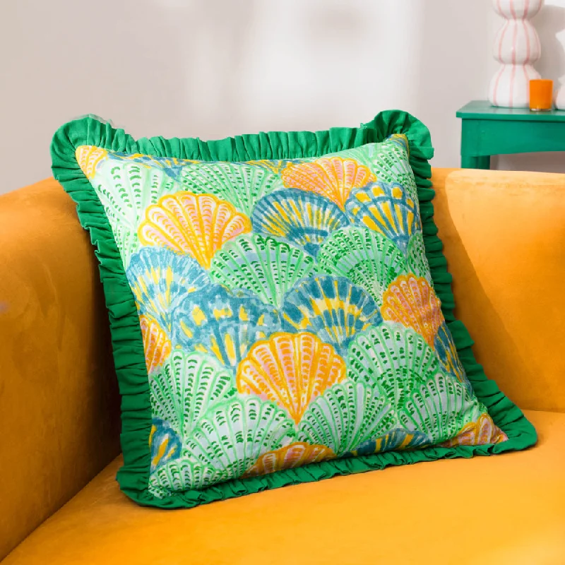 Clam Shells Frilled Cushion Green