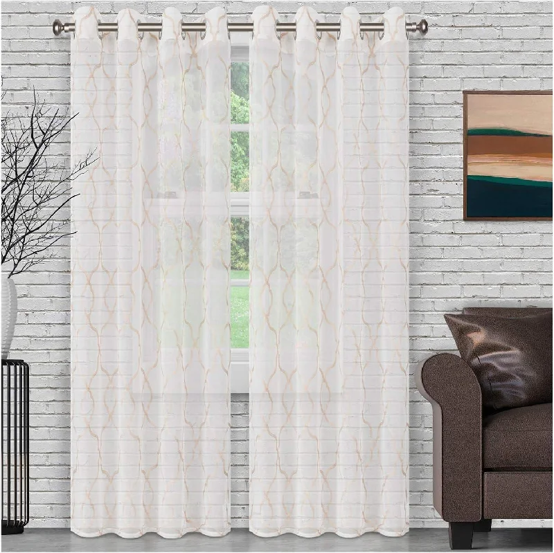 Embroidered Lattice Grommet Sheer Curtain Panel Set