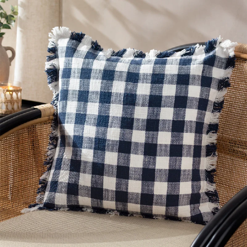 Barton Check Fringed Cushion Navy