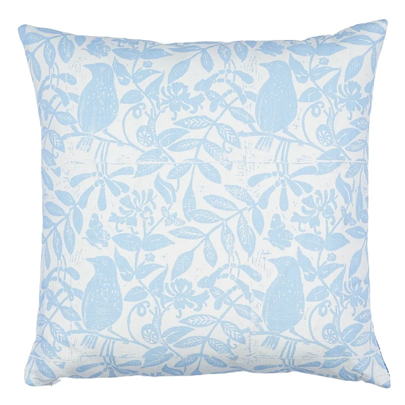 Sky Blue Bird & Bee Fern Throw Pillow