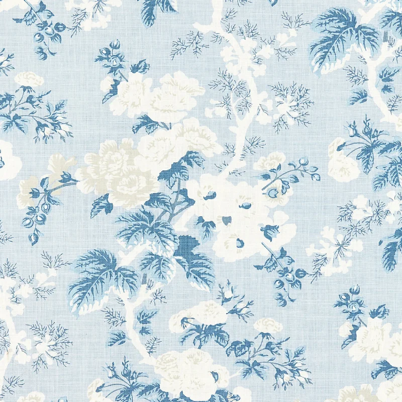 Ascot Linen Print Floral Fabric in Sky Blue & White