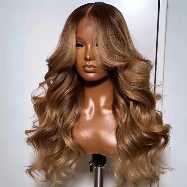 Highlights Brown with Blonde Glueless Loose Wave Natural Curtain Bangs Hair Clear Transparent Lace Front Wigs For Women-Amanda Hair