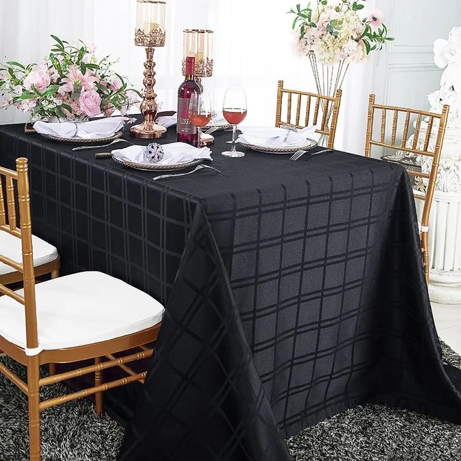 90"x156" Seamless Rectangular Plaid Jacquard Polyester (220 GSM) Tablecloth - Black (1pc)