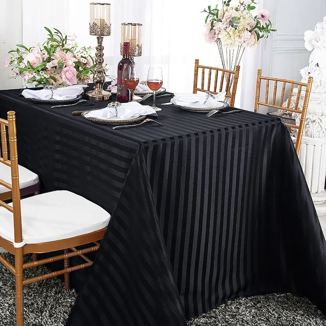 90"x132" Seamless Rectangular Striped Jacquard Polyester (220 GSM) Tablecloth - Black (1pc)