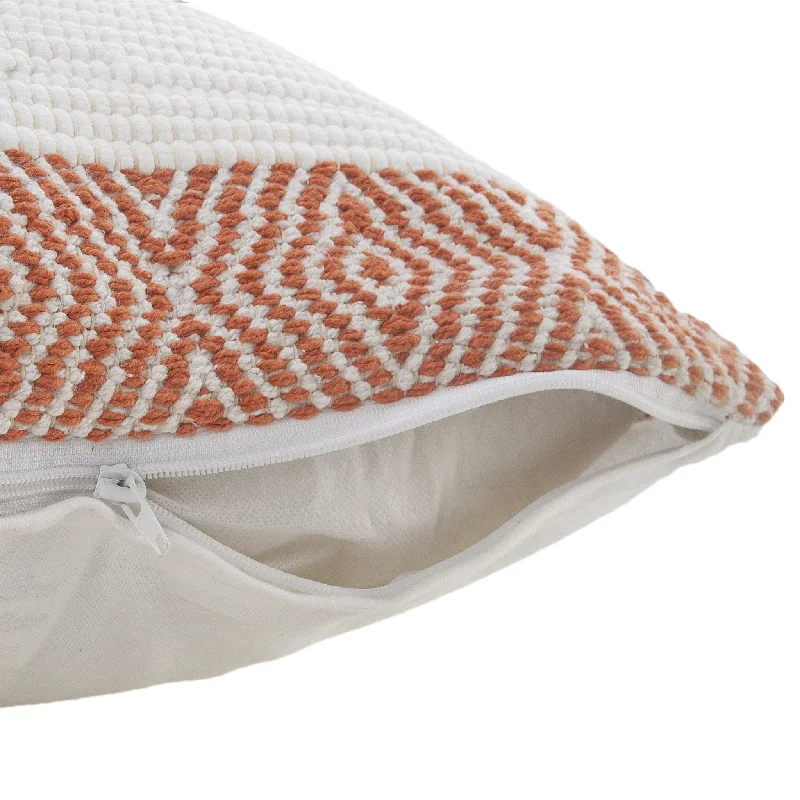 20" X 20" Orange And White 100% Cotton Striped Zippered Pillow