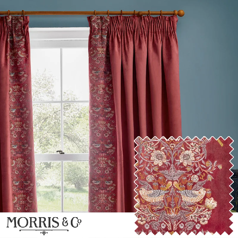 Strawberry Thief Embroidered Floral Velvet Pencil Pleat Curtains Berry