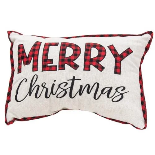 Embroidered Buffalo Check Trim Merry Christmas Pillow 2 Asstd