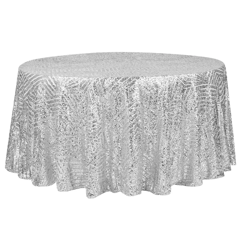 Geometric Glitz Art Deco Sequin Tablecloth 120" Round - Silver