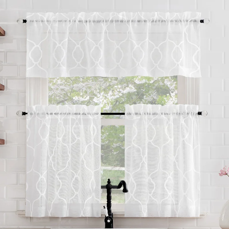 No. 918 Allerton Embroidered Trellis Light Filtering Rod Pocket Kitchen Curtain Valance and Tiers Set