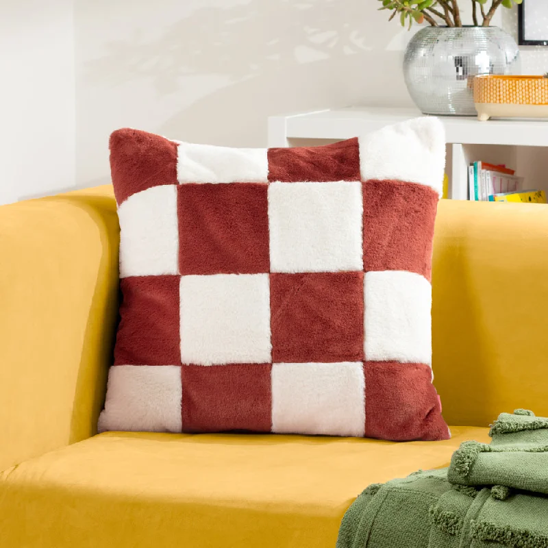 Cozee Check Faux Fur Cushion Rust