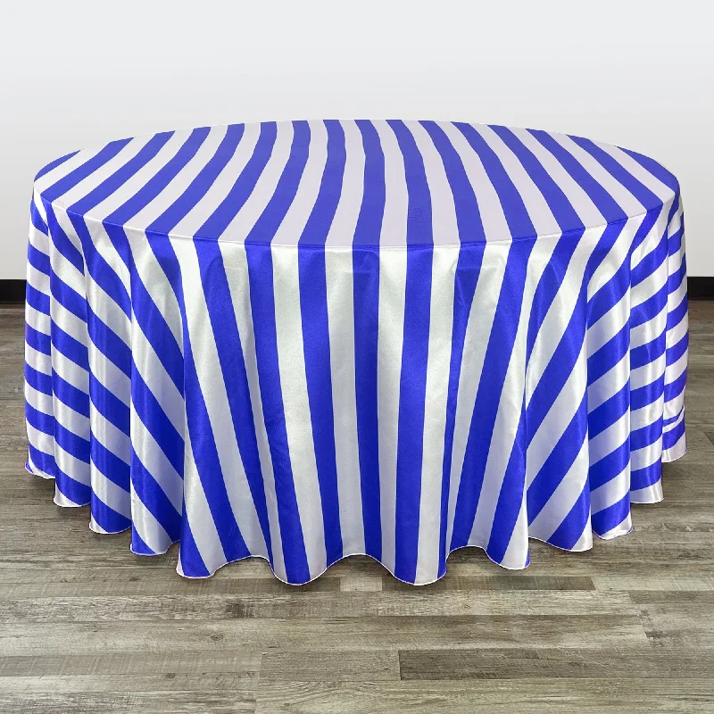 132 inch Satin Round Tablecloth Royal Blue and White Striped