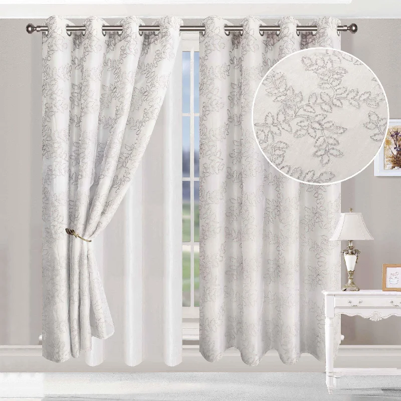 Embroidered Foliage Grommet Sheer Curtain Panel Set