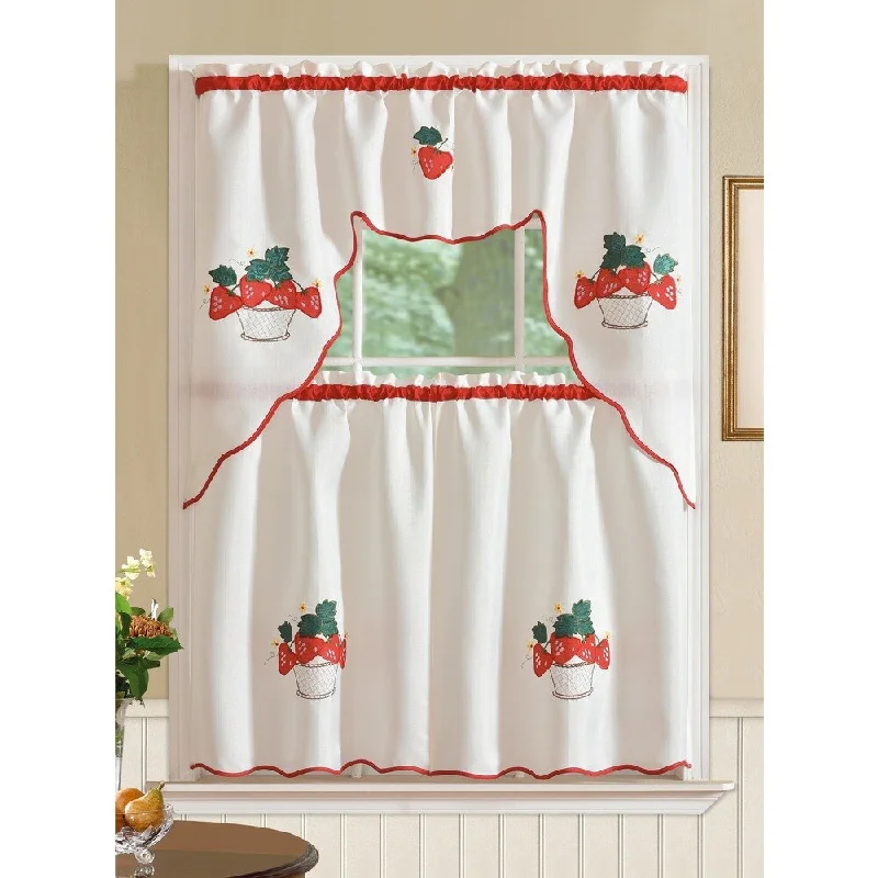 RT Designer Collection Imperial Strawberry Jacquard Tier and Valance Kitchen Curtain Set